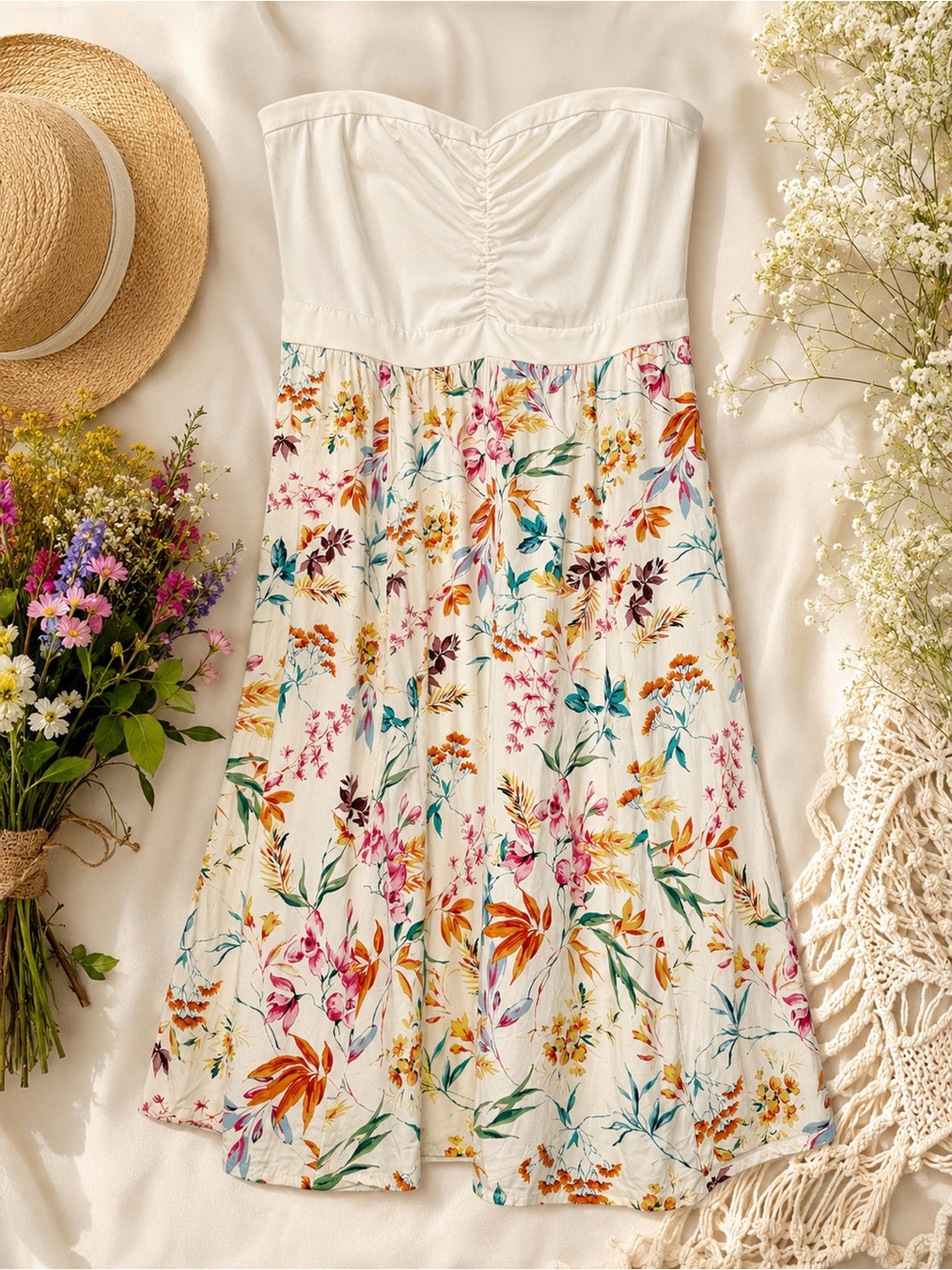 Torrid Size 2 Strapless Floral Midi Dress Ivory Ruched Bodice Plus Size